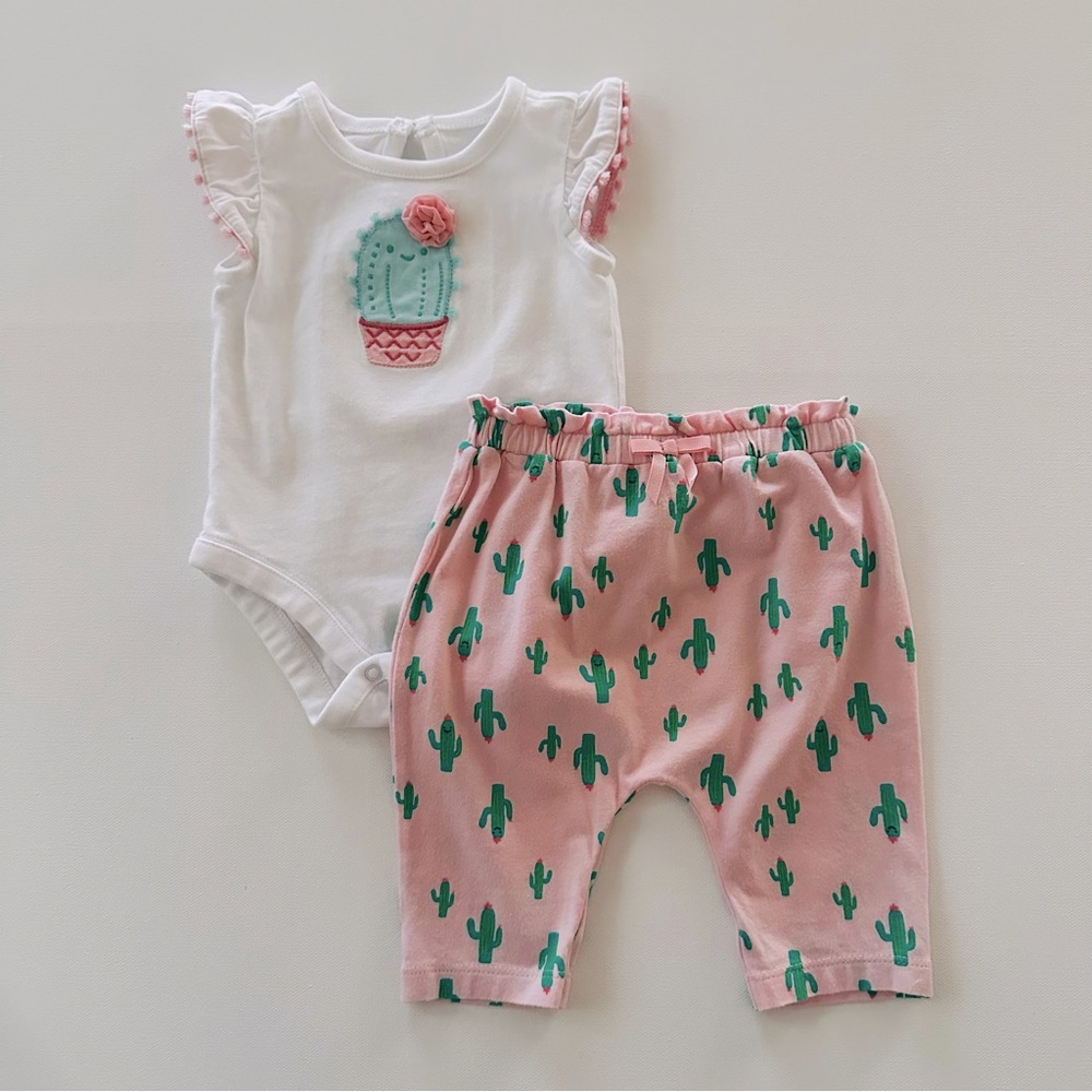 Gymboree 0-3 Months Baby Girl Cactus Bodysuit & Pink Pants Set Outfit Spring